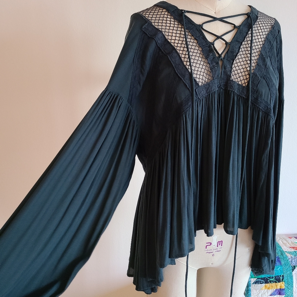 Teal lace up Free People blouse